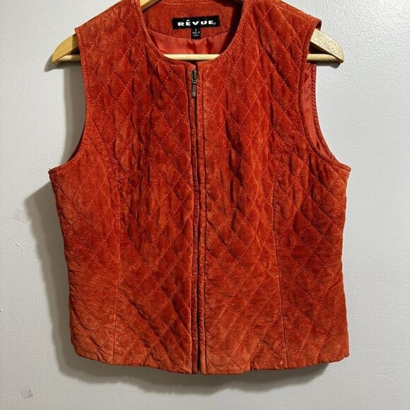 REVUE Women's Orange Leather Suede Quilted  Vest Size‎ 8 - Picture 1 of 9